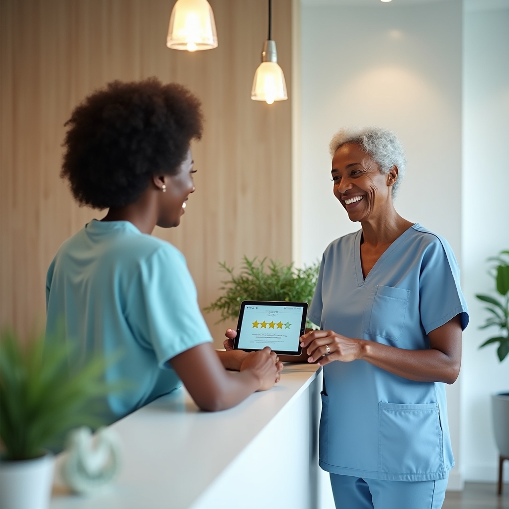Dental office team member greeting a patient at a bright front desk