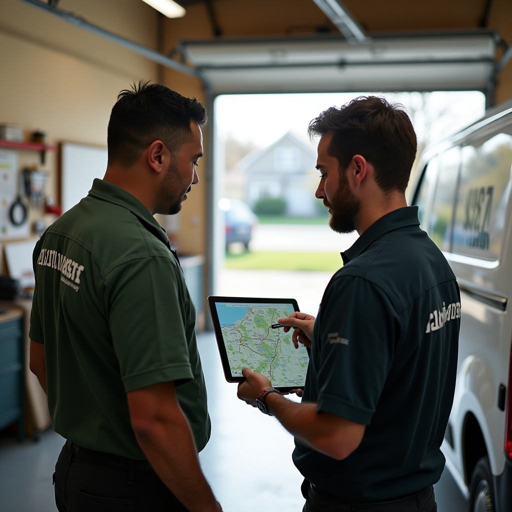 Plumbing company owner and technician reviewing service area map on a tablet