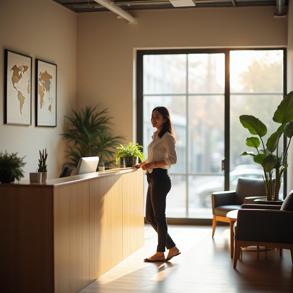 Consulting office reception area with warm lighting in Chicago