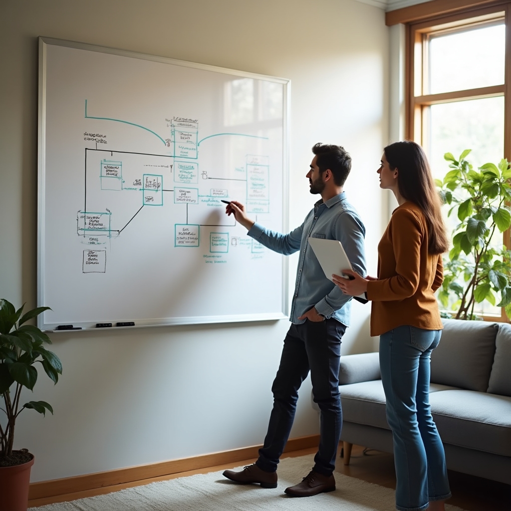 Consultant sketching a location page structure on a whiteboard with a colleague